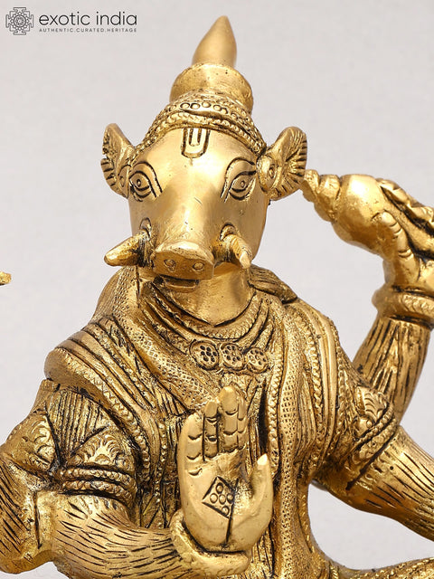 6" Small Blessing Lord Varaha In Brass | Handmade | Made In India