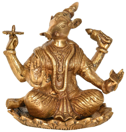 6" Seated Varaha Brass Statue Handmade