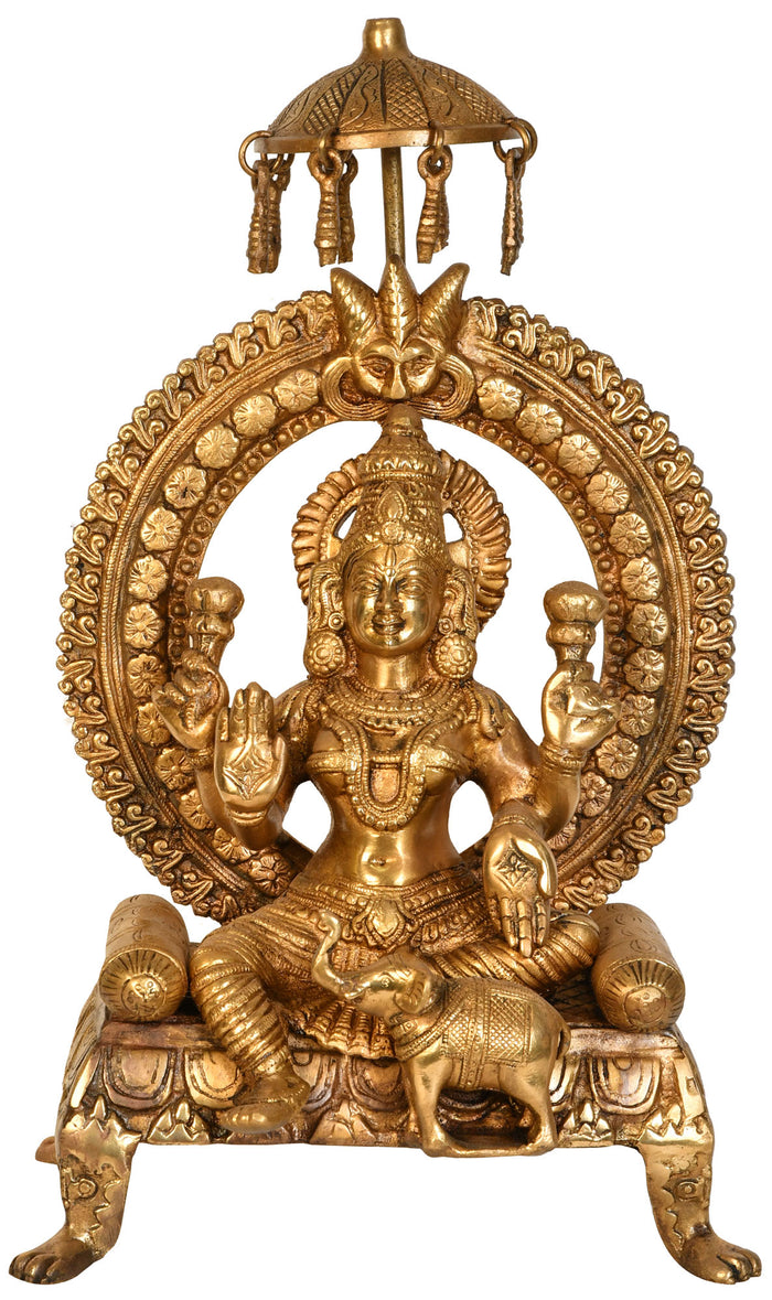 17" Goddess Lakshmi Seated on Throne with Elephant In Brass | Handmade | Made In India