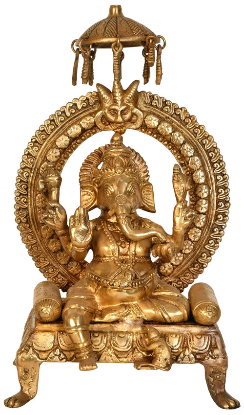 17" Lord Ganesha Seated on Throne Brass Statue with Parasol