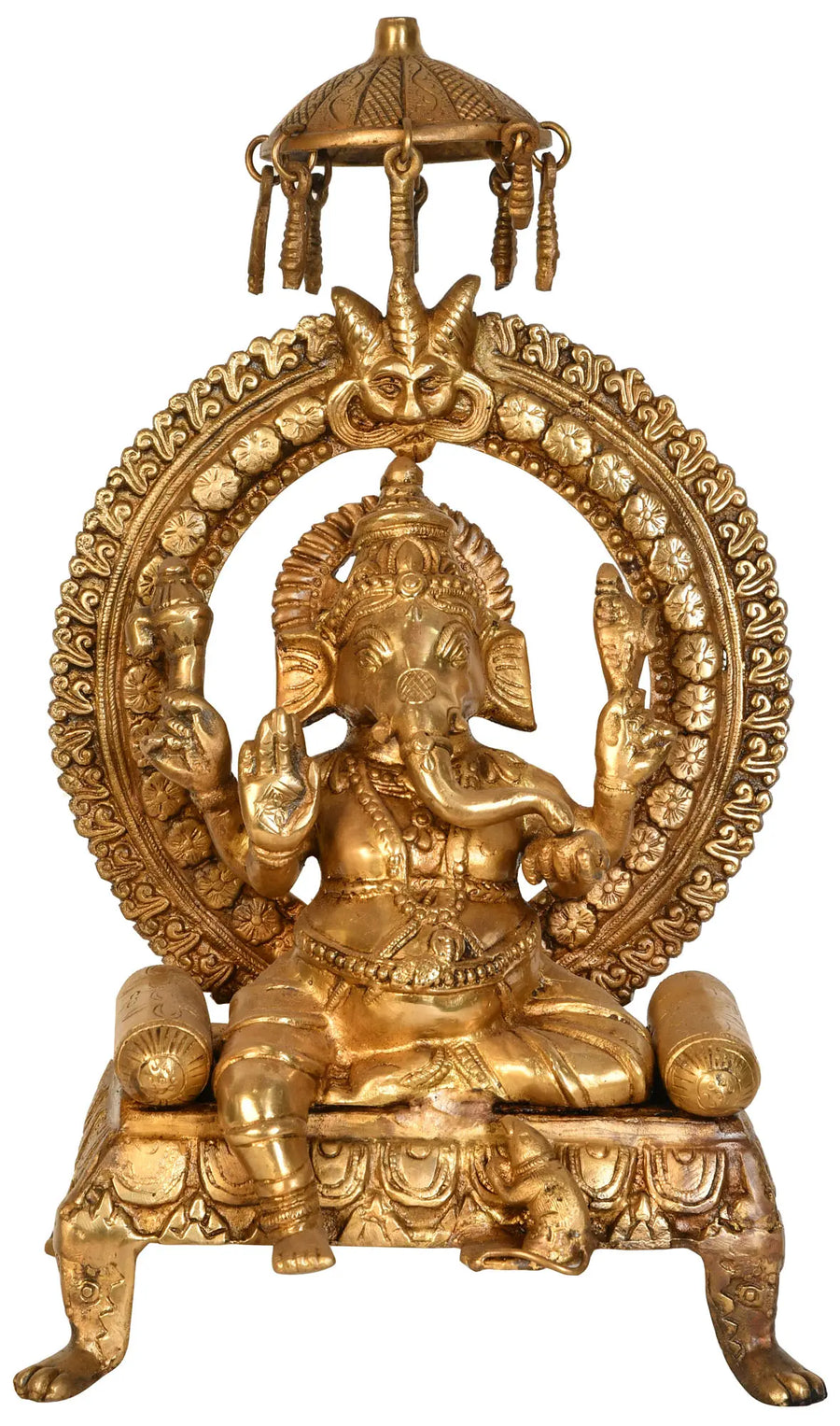 17" Lord Ganesha Seated on Throne Brass Statue with Parasol