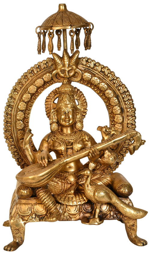 17" Brass Goddess Saraswati Seated on Throne with Peacock Handmade Statue