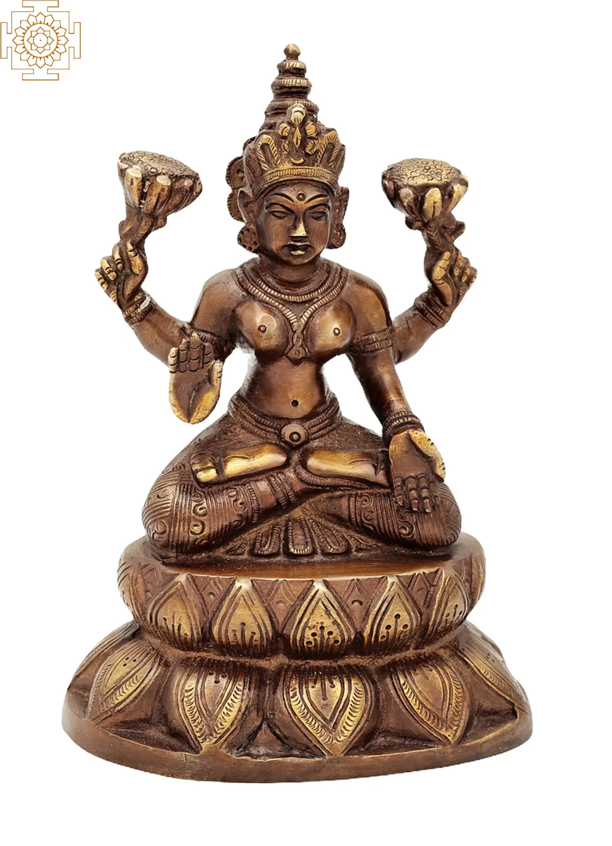6" Goddess Lakshmi Seated on Lotus In Brass | Handmade | Made In India