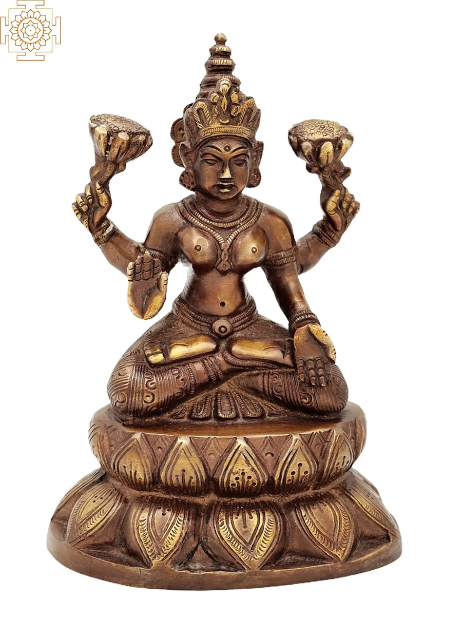 6" Brass Goddess Lakshmi Seated on Lotus Statue Handmade