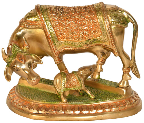 7" Brass Cow and Calf Statue - Sacred Hindu Home Decor