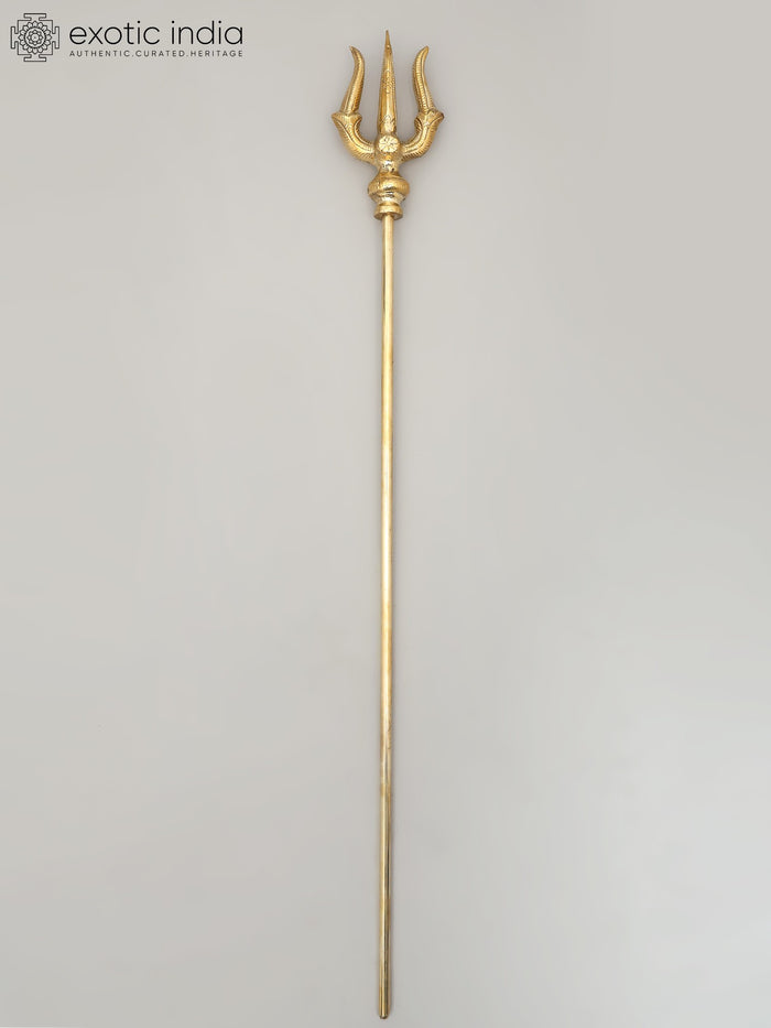 33" Handmade Brass Trident with Sacred Symbols Statue