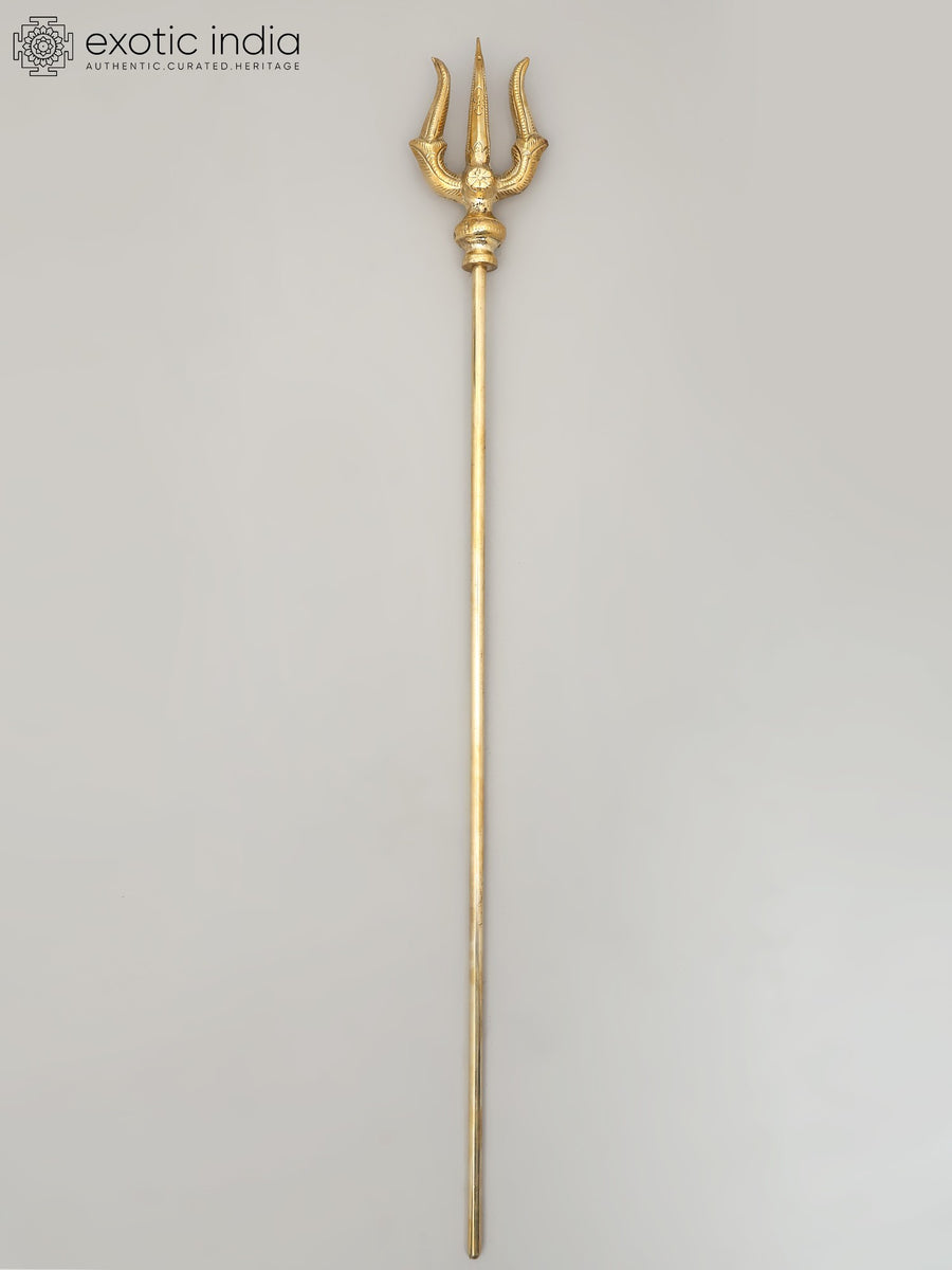 33" Handmade Brass Trident with Sacred Symbols Statue