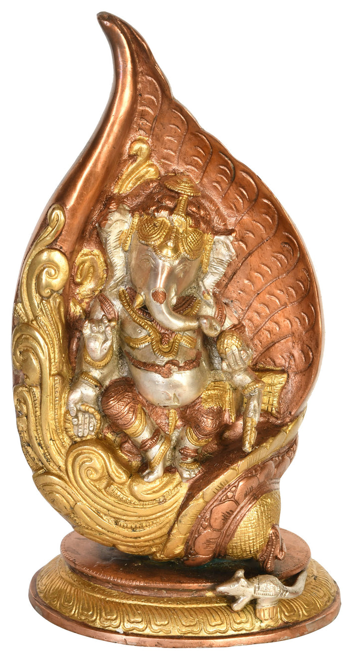 12" Dancing Ganesha Brass Statue with Conch Shell Handmade