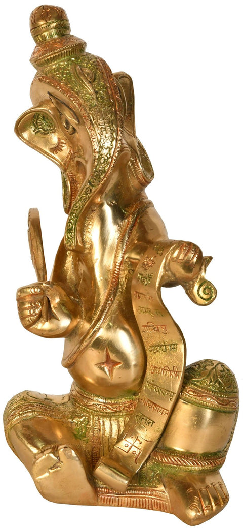 10" Ganesha Writing The Mahabharata with Peacock Feather In Brass | Handmade | Made In India