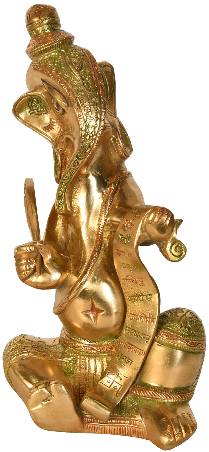 10" Ganesha Writing Mahabharata Brass Statue Handmade