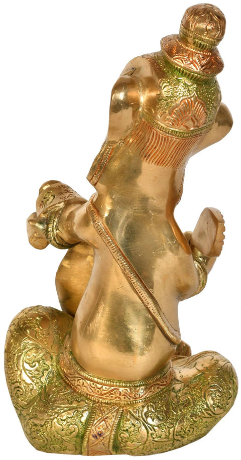 10" Ganesha Writing The Mahabharata with Peacock Feather In Brass | Handmade | Made In India