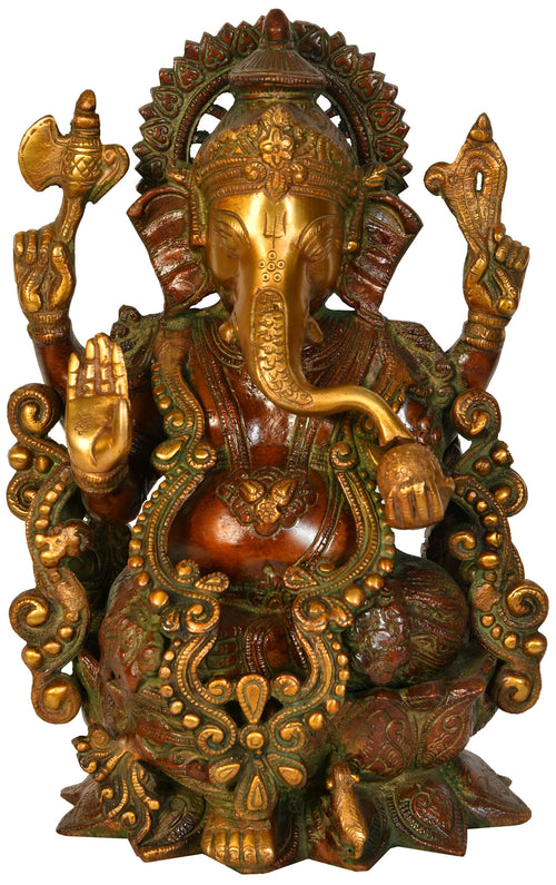 11" Handmade Lord Ganesha Seated on Lotus Brass Statue