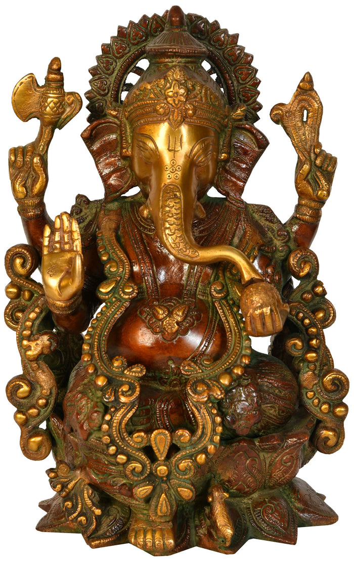 11" Handmade Lord Ganesha Seated on Lotus Brass Statue