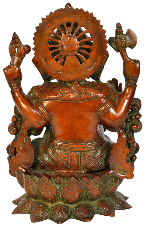 11" Lord Ganesha Seated On a Lotus In Brass | Handmade | Made In India
