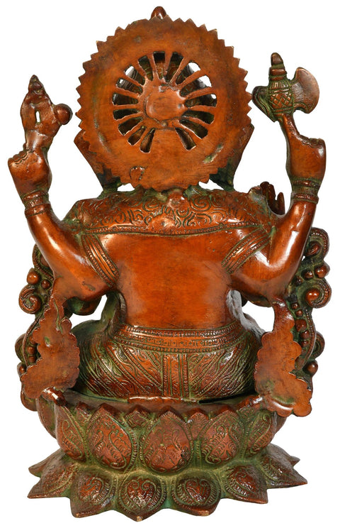 11" Lord Ganesha Seated On a Lotus In Brass | Handmade | Made In India