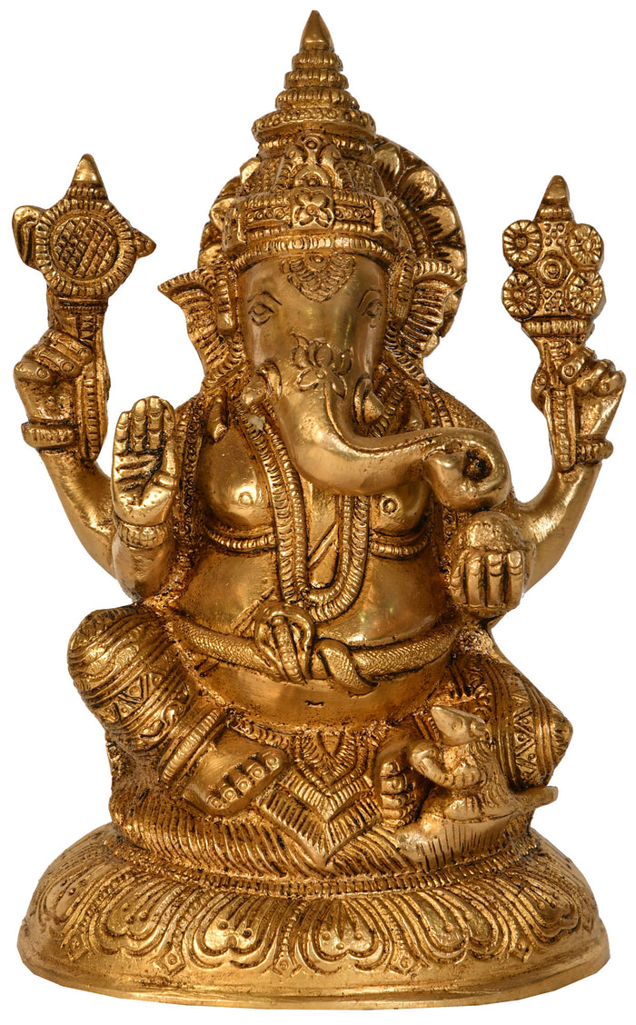 7" Lord Ganesha Brass Statue Handmade