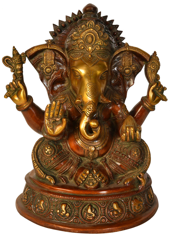 11" Blessing Ganesha Eating Modaka Brass Handmade Statue