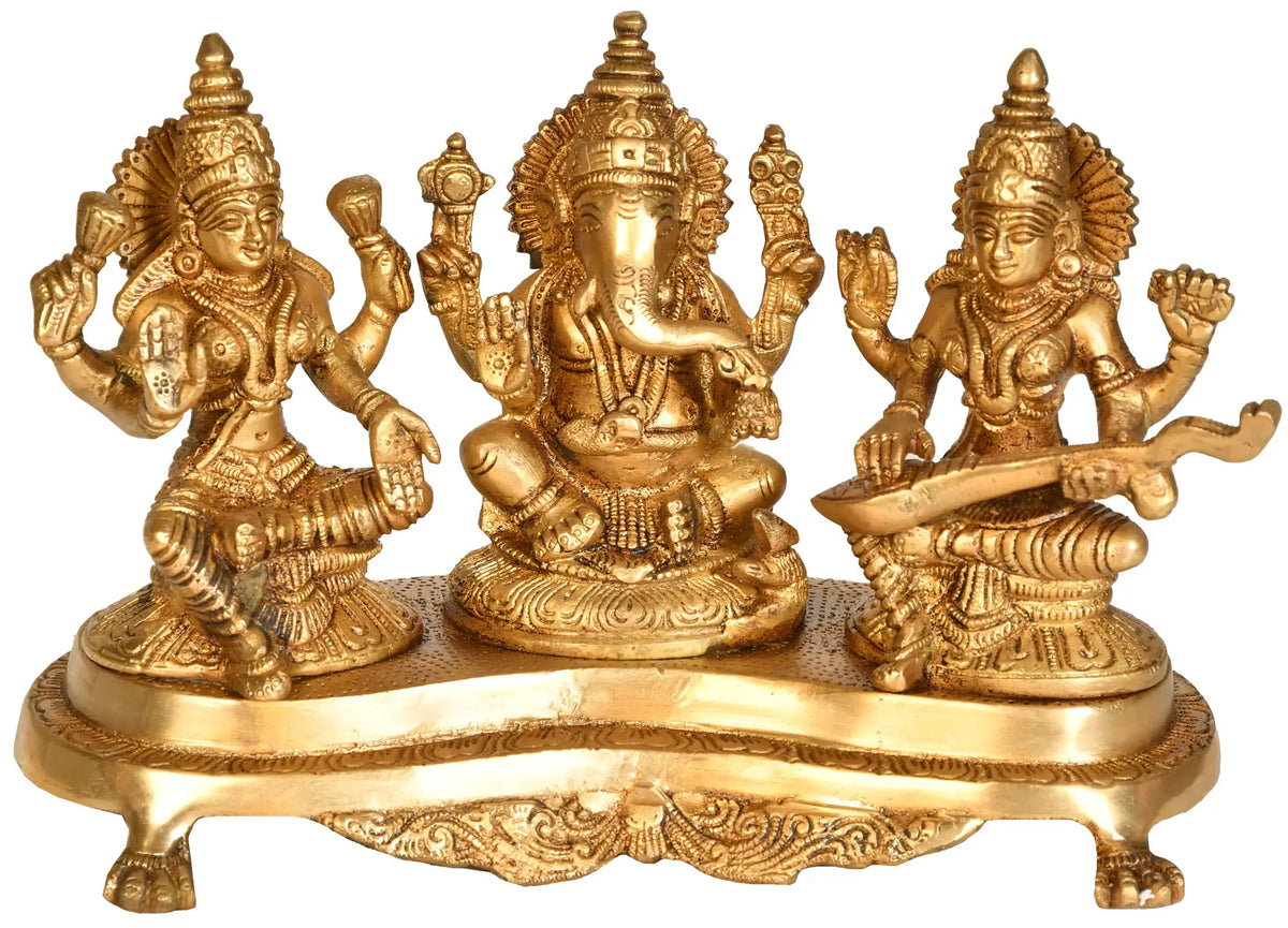 6" Lakshmi Ganesha and Saraswati In Brass | Handmade | Made In India