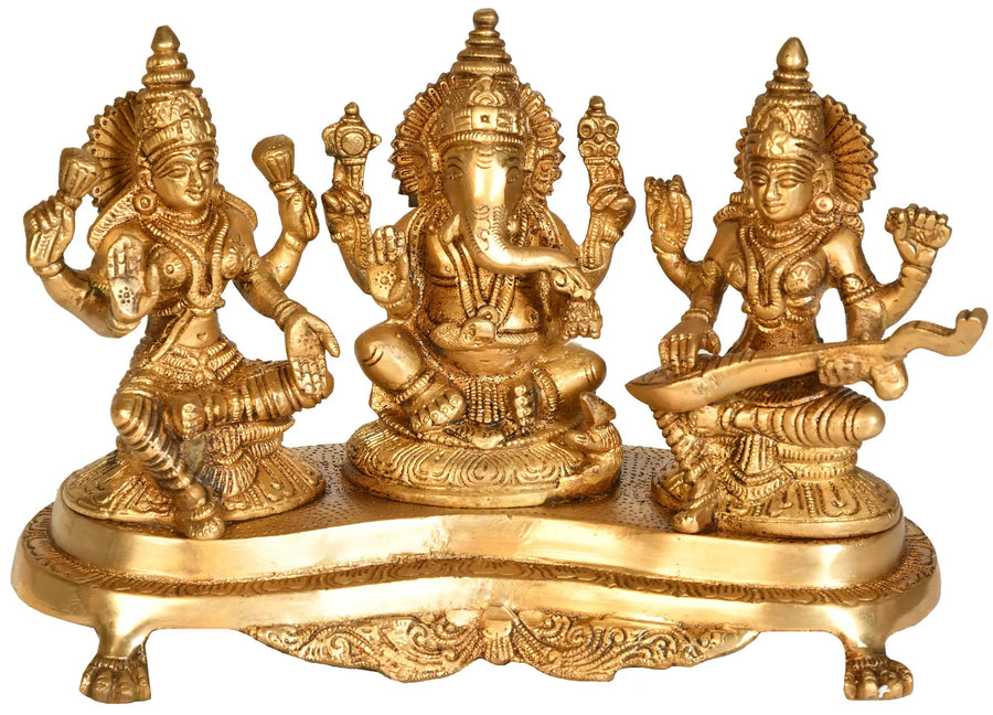 6" Lakshmi Ganesha Saraswati Brass Idol Handmade
