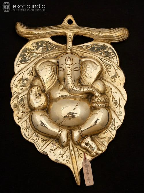 8" Brass Lord Ganesha Statue on Peepal Leaf Wall Hanging for Home Decor