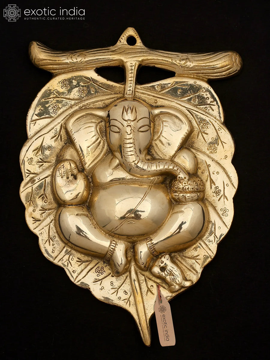 8" Brass Lord Ganesha Statue on Peepal Leaf Wall Hanging for Home Decor