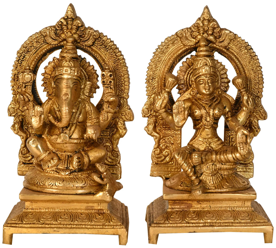 7" Lakshmi Ganesha Handmade Brass Statue for Pooja