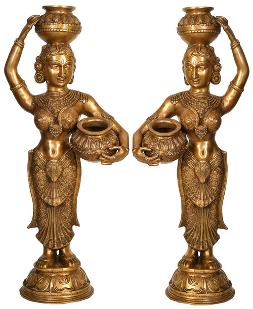 36" Handmade Brass Krishna Gopis Sculpture Pair for Home Decor