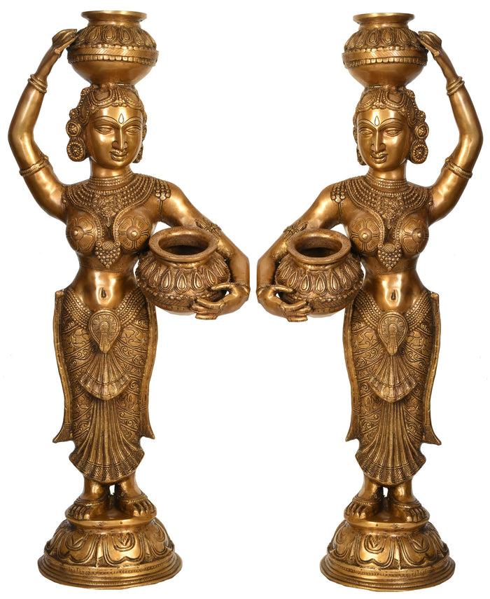 36" Pair of Large Size Krishna's Gopis (Milk Maidens) In Brass | Handmade | Made In India