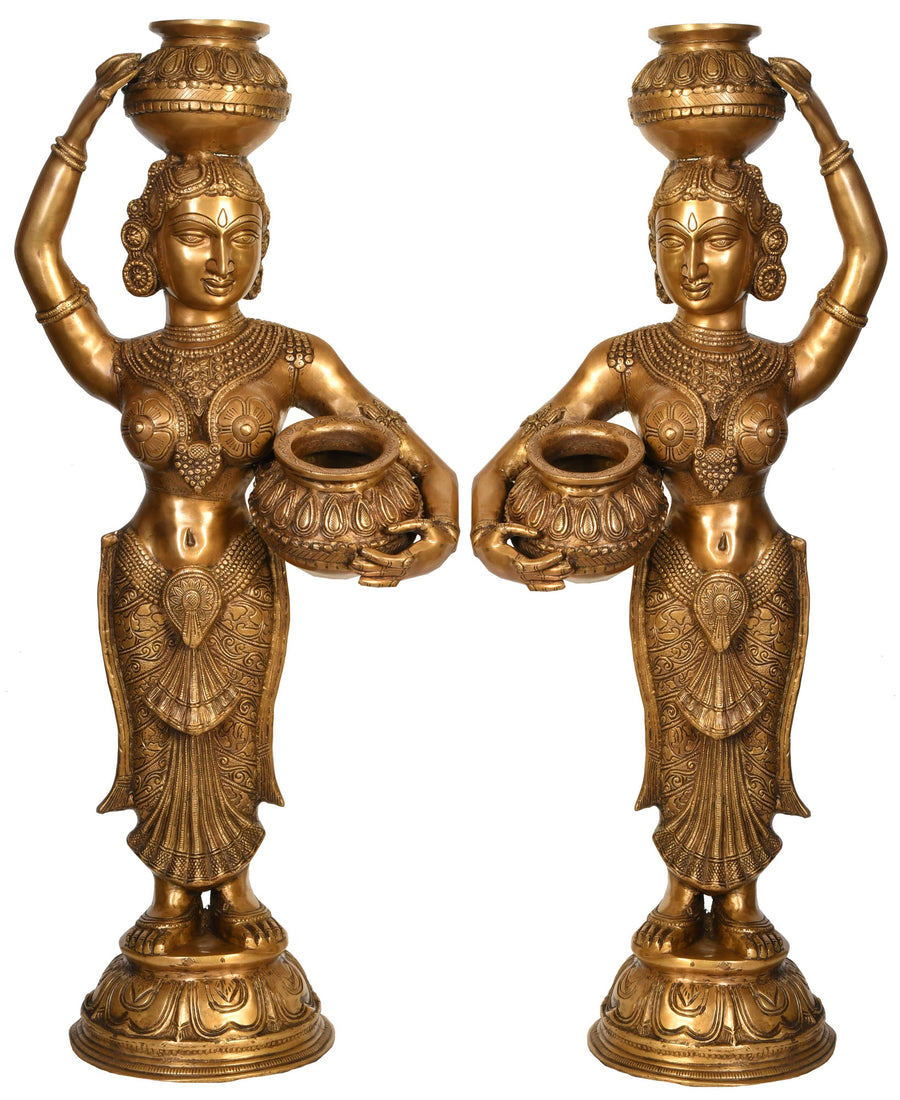 36" Handmade Brass Krishna Gopis Sculpture Pair for Home Decor