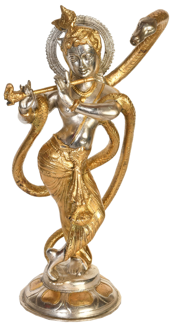 15" Krishna and Kaliya Brass Statue Handmade