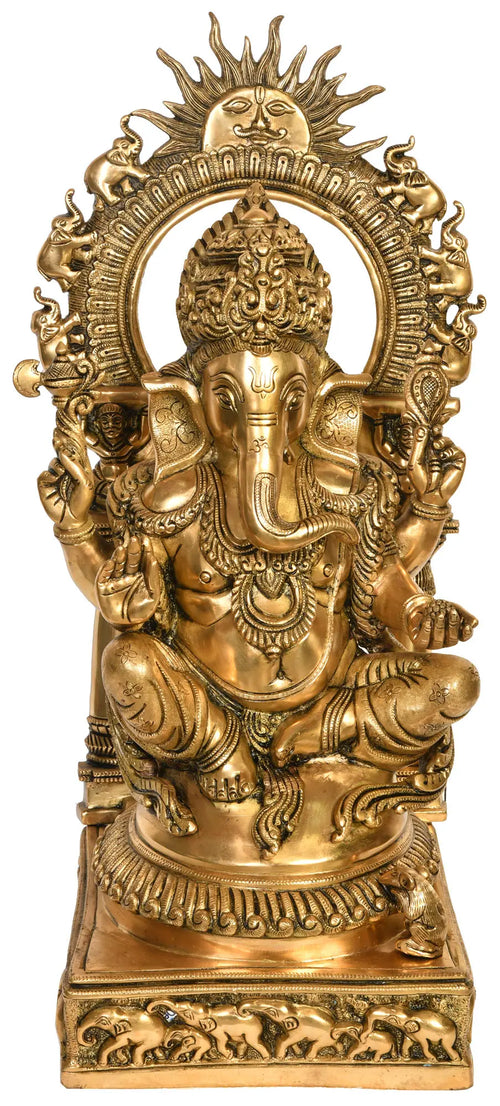 24" Lord Ganesha with Surya and Marching Elephants Brass Statue