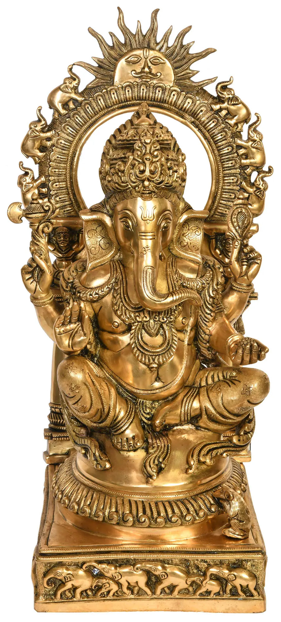 24" Lord Ganesha with Surya and Marching Elephants Brass Statue