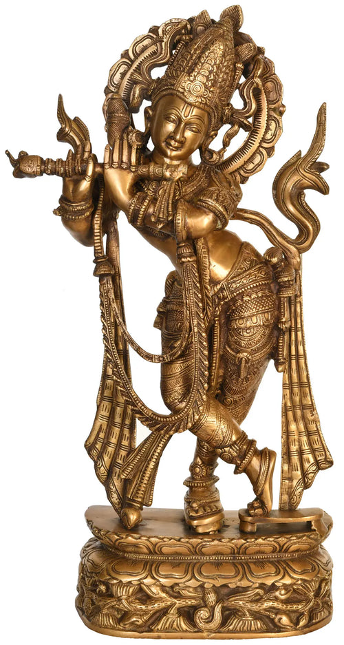22" Venugopala Krishna Brass Statue with Khadau - Handmade