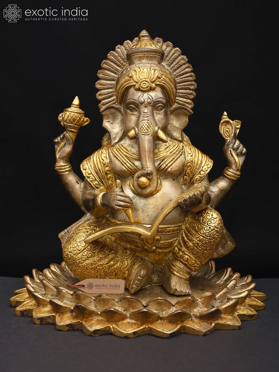 8" Ganesha Seated on Lotus Pedestal Brass Statue Handmade
