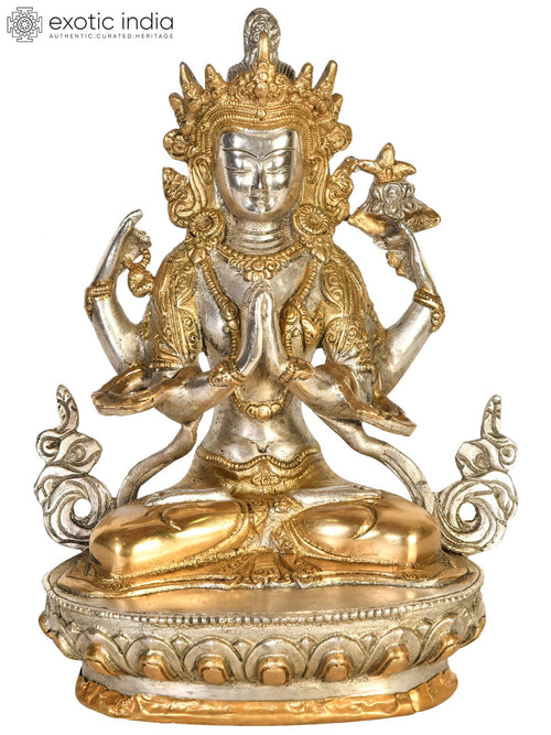 8" Handmade Chenrezig Brass Statue - Tibetan Buddhist Deity