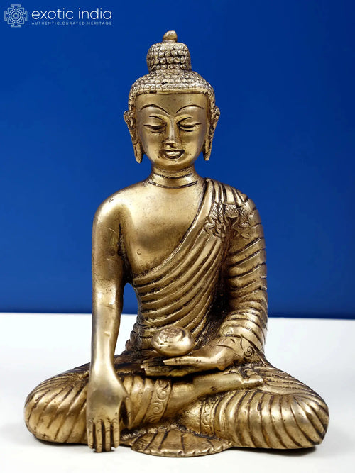 6" Buddha Statue Earth Touching Gesture Handmade Brass