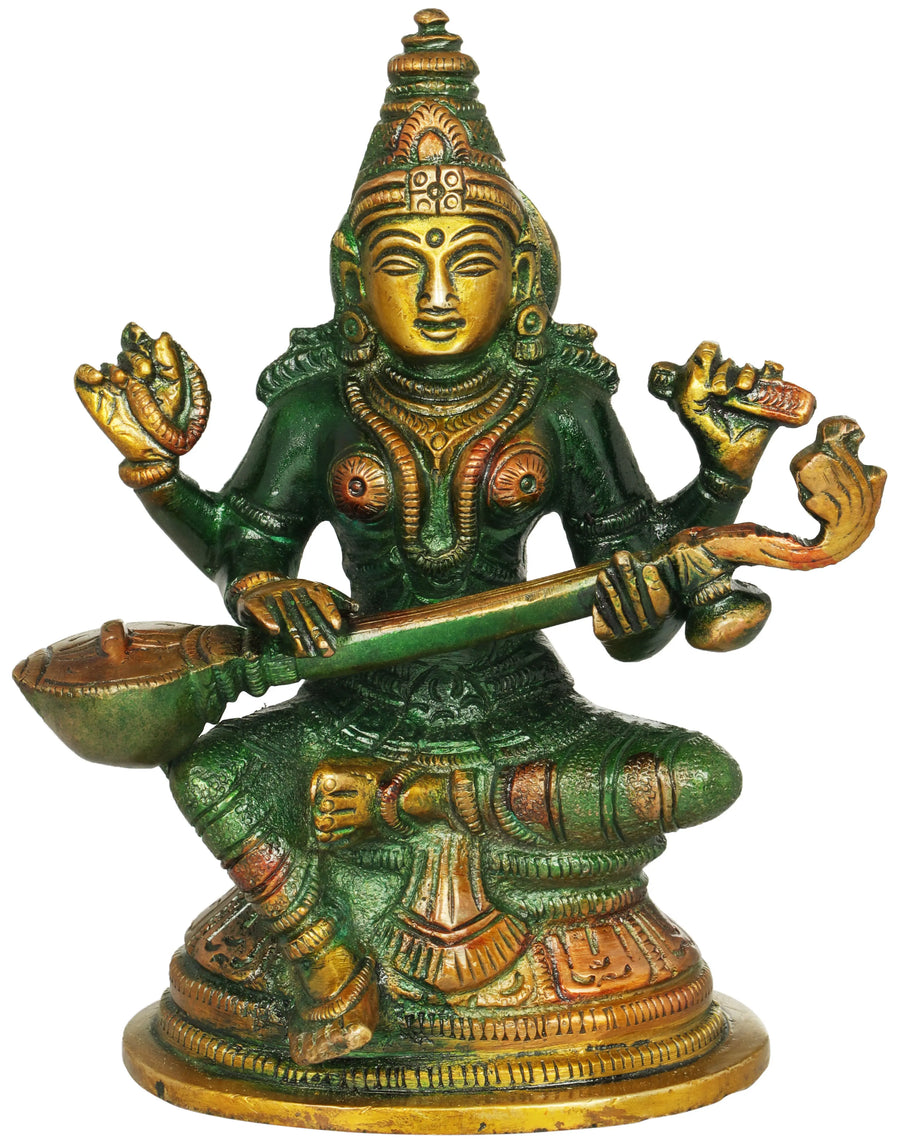 5" Goddess Saraswati Handmade Brass Statue for Pooja