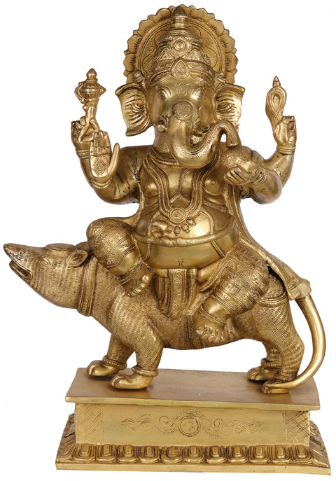 18" Lord Ganesha Seated on a Rat In Brass | Handmade | Made In India