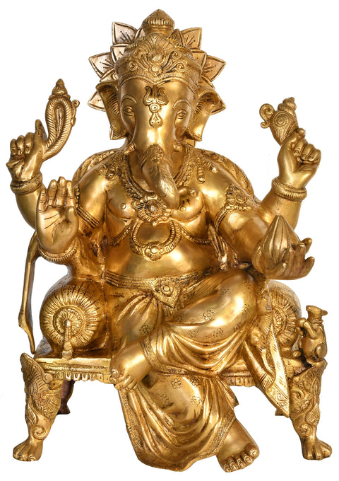 19" Lord Ganesha Seated on Chowki In Brass | Handmade | Made In India