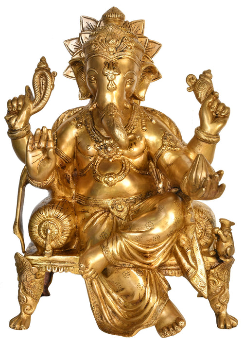 19" Handmade Lord Ganesha Seated Brass Statue with Chowki