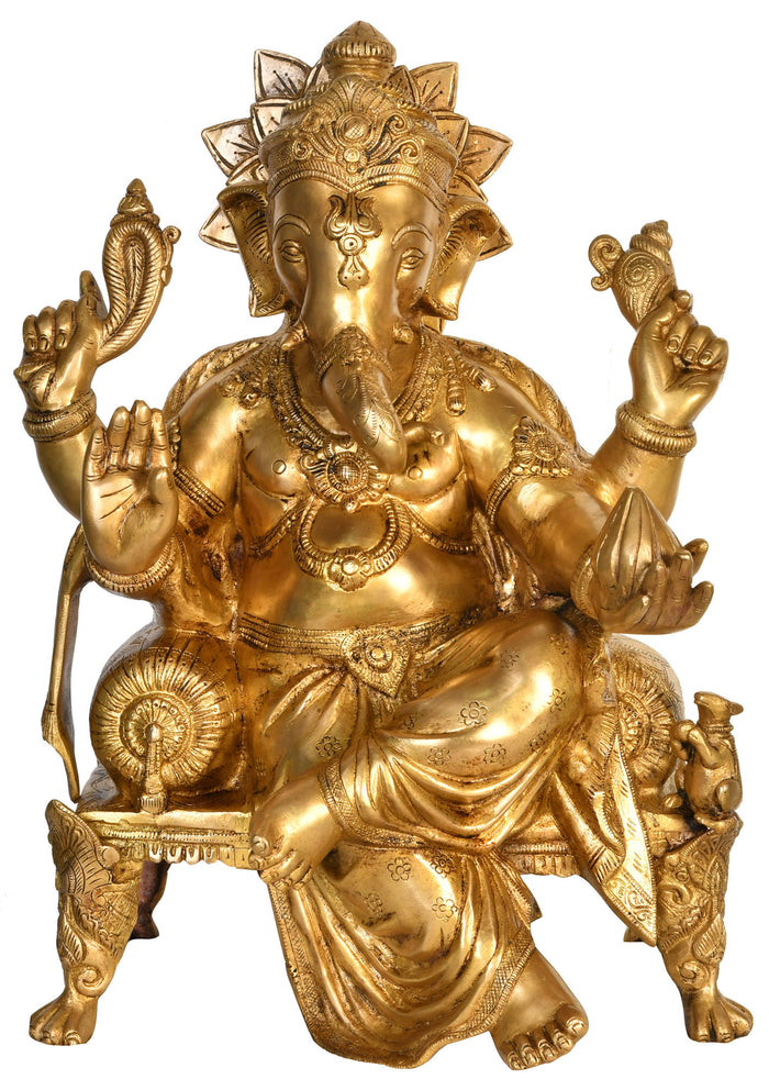 19" Handmade Lord Ganesha Seated Brass Statue with Chowki