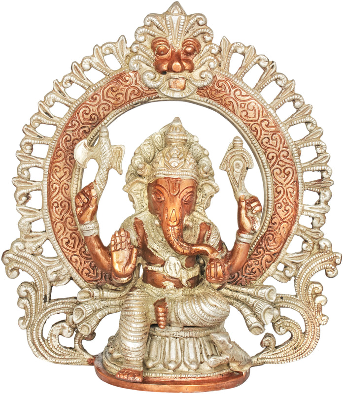 8" Seated Ganesha Brass Statue with Kirtimukha Prabhavali