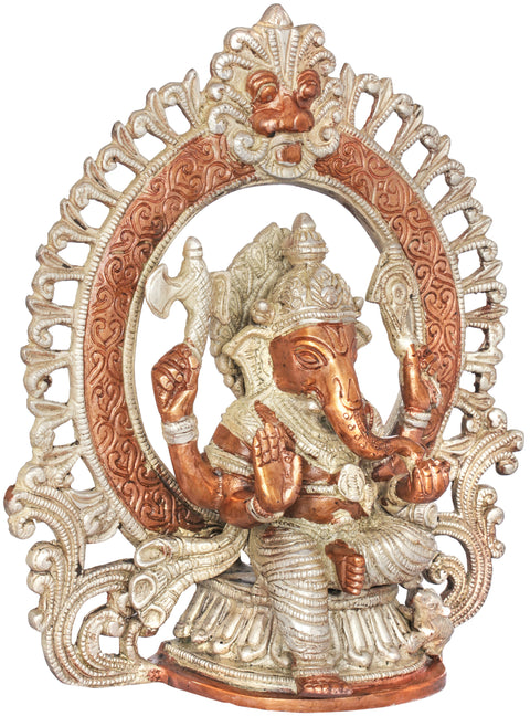 8" Seated Ganesha, Within A Kirtimukha Prabhavali in Brass | Handmade | Made in India