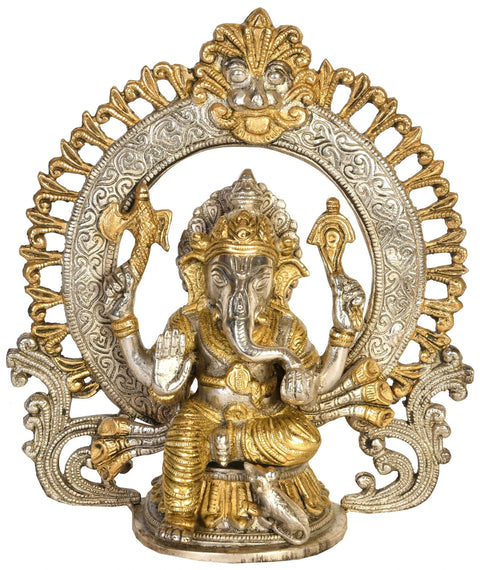 8" Seated Ganesha, Within A Kirtimukha Prabhavali in Brass | Handmade | Made in India