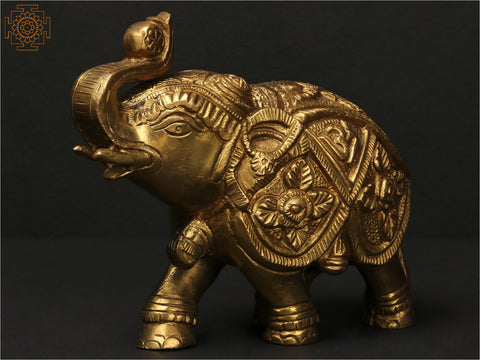 Decorated Elephant Brass Idol with Upraised Trunk