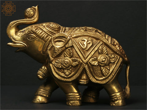 Decorated Elephant Brass Idol with Upraised Trunk