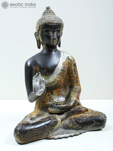 8" Tibetan Buddhist Deity Blessing Buddha Brass Statue with Carved Robe