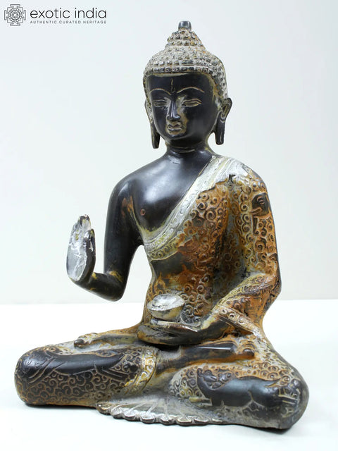 8" Tibetan Buddhist Deity Blessing Buddha Brass Statue with Carved Robe