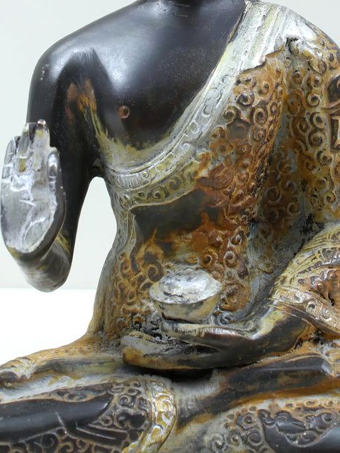 8" Tibetan Buddhist Deity Blessing Buddha Brass Statue with Carved Robe