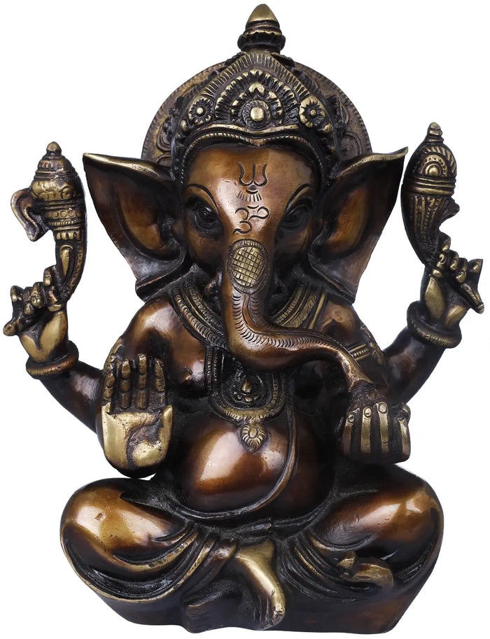 8" Handmade Crown Ganesha Brass Idol for Pooja